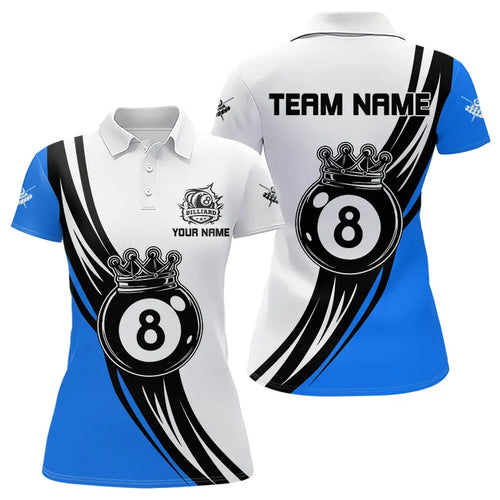 Personalized Black White 8 Ball Pool Crown Women Billiard Shirts, Billiard 8 Ball Team Jerseys |Blue TDM3422