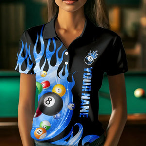 Custom Black Blue Fire Flame Light Pool Balls Billiard Shirts For Women Team League Billiard Jerseys TDM3423