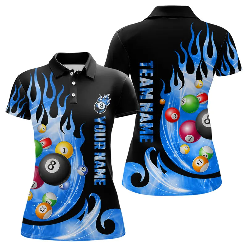 Custom Black Blue Fire Flame Light Pool Balls Billiard Shirts For Women Team League Billiard Jerseys TDM3423