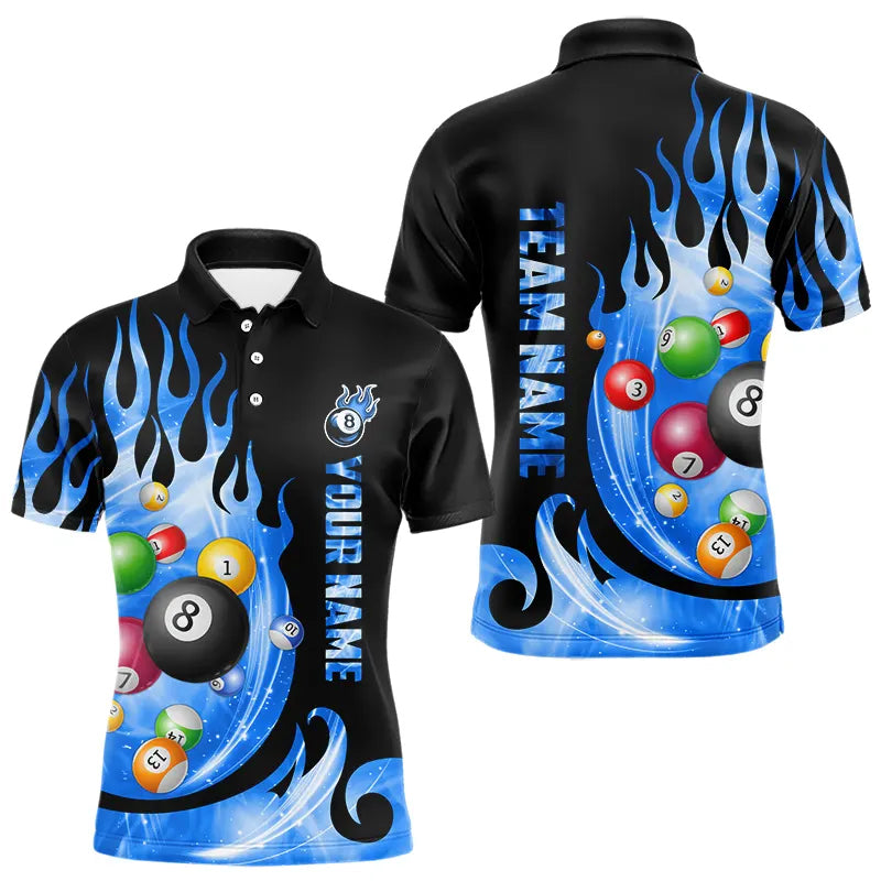 Custom Black Blue Fire Flame Light Pool Balls Billiard Shirts For Men Team League Billiard Jerseys TDM3423