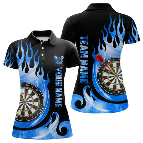 Black Blue Fire Flame Light Darts Polo & Quarter Zip Custom Dart Shirts For Women League Dart Jerseys TDM3424