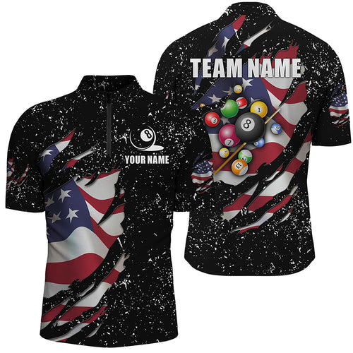 Grunge US Flag 3D Billiard Balls Men Quarter-Zip Shirt Custom Patriotic Billiard Jerseys TDM1239