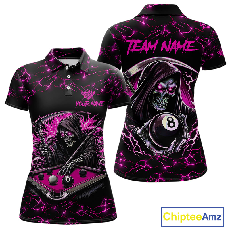 Pink Funny Grim Reaper 8 Ball Pool Women Billiard Shirts Custom Lightning Billiard Jerseys TDM3727