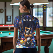 Load image into Gallery viewer, Woman wearing personalized funny crystal bulldog 8 ball pool billiard team jersey polo shirt featuring crystal bulldog and 8 ball artwork, back view.