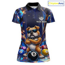 Load image into Gallery viewer, Personalized funny crystal bulldog 8 ball pool billiard team jersey polo shirt for women featuring colorful crystal bulldog artwork, premium custom billiard apparel for league matches and tournament play.