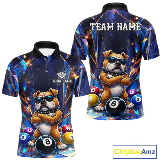 Personalized funny crystal bulldog 8 ball pool billiard team jersey polo shirt for men featuring colorful crystal bulldog artwork, premium custom billiard apparel for league matches and tournament play.