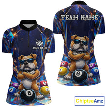 Load image into Gallery viewer, Personalized funny crystal bulldog 8 ball pool billiard team jersey quarter zip shirt for women featuring detailed crystal bulldog and 8 ball graphics, premium custom pool apparel.