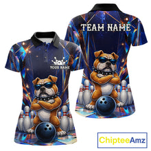 Load image into Gallery viewer, Personalized funny crystal bulldog bowling team jersey polo shirt for women featuring a colorful crystal bulldog design, premium custom bowling league apparel for tournaments and competitive bowling teams.