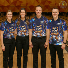 Load image into Gallery viewer, Bowling team wearing matching personalized funny crystal bulldog bowling team jerseys featuring premium crystal bulldog graphics, front view.