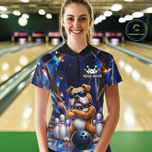 Load image into Gallery viewer, Woman wearing personalized funny crystal bulldog bowling team jersey polo shirt featuring crystal bulldog artwork, back view.