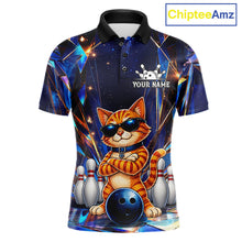 Load image into Gallery viewer, Personalized funny crystal cat bowling team jersey polo shirt for men featuring sparkling crystal cat artwork, premium custom bowling league apparel and unique bowling gifts for tournaments and league play.
