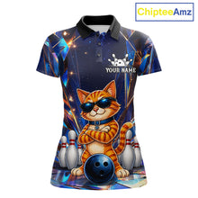 Load image into Gallery viewer, Personalized funny crystal cat bowling team jersey polo shirt for women featuring sparkling crystal cat artwork, premium custom bowling league apparel and unique bowling gifts for tournaments and league play.