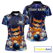 Load image into Gallery viewer, Personalized funny crystal cat bowling team jersey polo shirt for women featuring sparkling crystal cat artwork, premium custom bowling league apparel and unique bowling gifts for tournaments and league play.