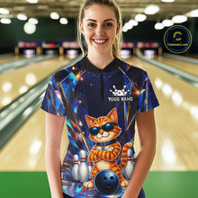 Load image into Gallery viewer, Woman wearing personalized funny crystal cat bowling team jersey polo shirt featuring crystal cat artwork, back view.