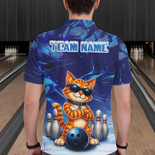 Load image into Gallery viewer, Man wearing personalized blue funny cat bowling team jersey polo shirt featuring blue funny cat artwork, back view.