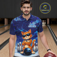 Load image into Gallery viewer, Man wearing personalized blue funny cat bowling team jersey polo shirt featuring blue funny cat artwork, front view.