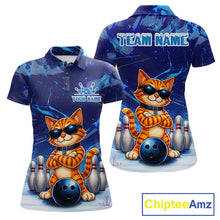 Load image into Gallery viewer, Personalized blue funny cat bowling team jersey polo shirt for women featuring a playful blue cat design, premium custom bowling league apparel and unique bowling gifts for tournaments and league play.