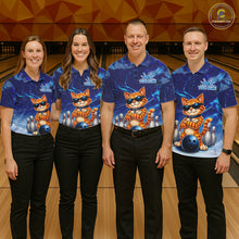 Load image into Gallery viewer, Bowling team wearing matching personalized blue funny cat bowling team jerseys featuring vibrant blue cat graphics, front view.
