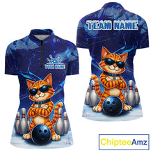 Load image into Gallery viewer, Personalized blue funny cat bowling team jersey quarter zip shirt for women featuring vibrant blue cat artwork, premium custom bowling league apparel for competitive bowling teams.
