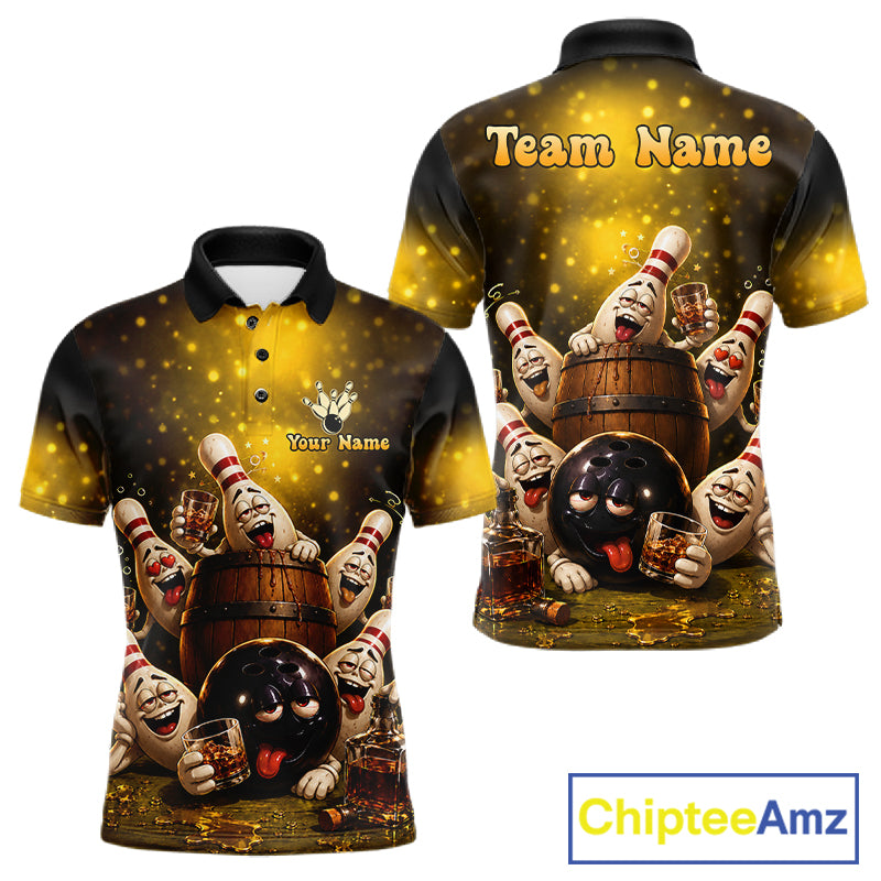 Yellow Funny Drunk Bowling Pins Bourbon Vintage Bowling Shirts For Men Custom Bowling Team Jersey TDM7249