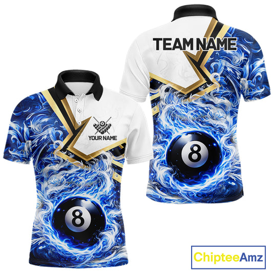 Blue 8 Ball Flame Smoke Golden Billiard Shirt For Men Custom Pool Team Jersey Polo & 1/4 Zip TDM5735