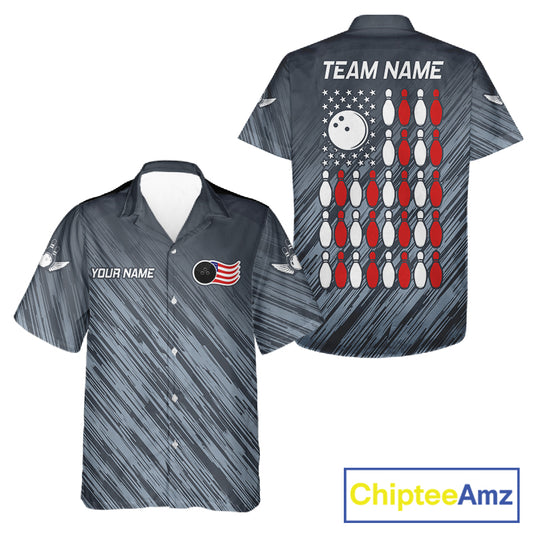 Personalized US Flag Grey Hawaiian Bowling Shirt For Women, Patriotic Bowling Team Jersey TDM6087