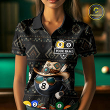 Load image into Gallery viewer, Woman wearing an 8 ball and 9 ball tribal pattern billiard jersey beside a pool table front view.