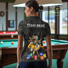 Load image into Gallery viewer, Back view of woman wearing an 8 ball and 9 ball tribal pattern pool shirt in a billiards hall.
