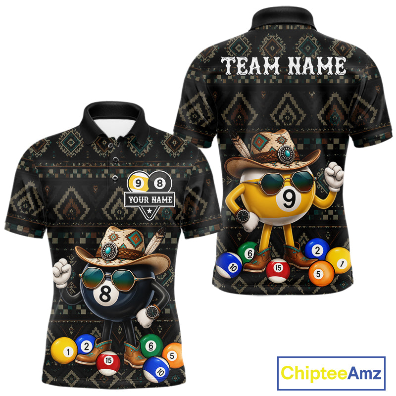 8 ball and 9 ball tribal pattern billiard polo shirt for men with custom pool team graphics.