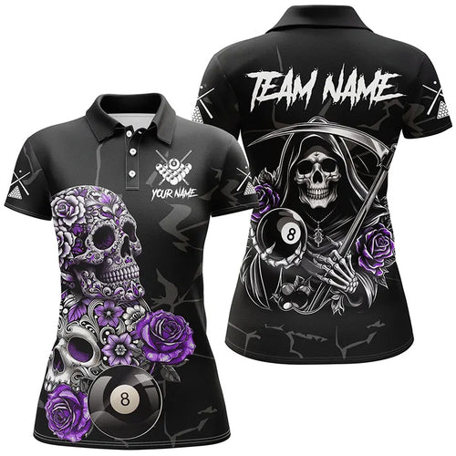 Personalized Purple Funny Skull Roses 8 Ball Billiard Shirts For Women Custom Pool Team Shirts Design TDM2756