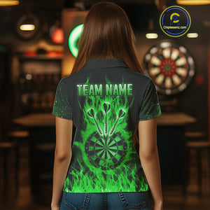 Green Flame Skull Dartboard Shirt For Women Custom Darts League Team Jersey Polo & Quarter Zip TDM5010