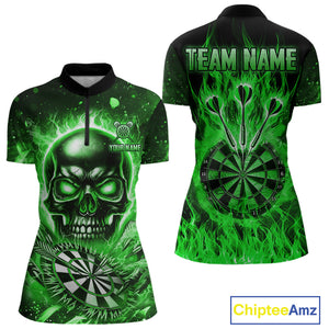 Green Flame Skull Dartboard Shirt For Women Custom Darts League Team Jersey Polo & Quarter Zip TDM5010