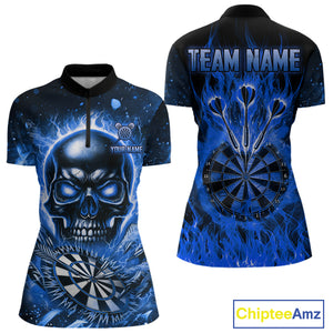 Blue Flaming Skull Dartboard Shirt For Women Custom Darts League Team Jersey Polo & Quarter Zip TDM5011