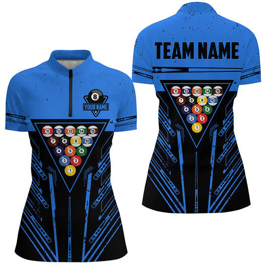 Personalized Blue Billiard 8 Ball Rack Polo & Quarter-Zip Shirts For Women, Billiard Team Jerseys TDM3000