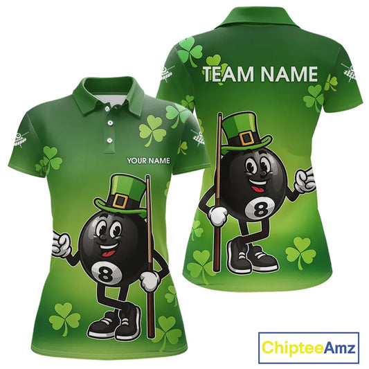 Green Funny 8 Ball Pool Shamrock Women's Billiard Shirt Custom St Patrick Day Billiard Team Jersey TDM5476