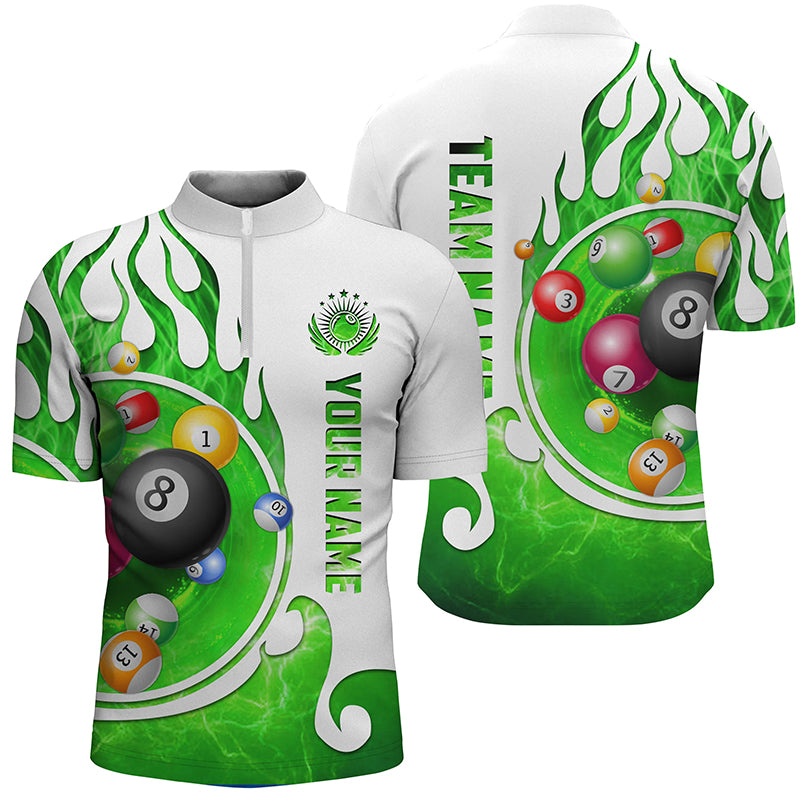 Personalized Billiard Fire Men Quarter-Zip Shirts Custom Name Billiard Shirt Design |Green TDM0915