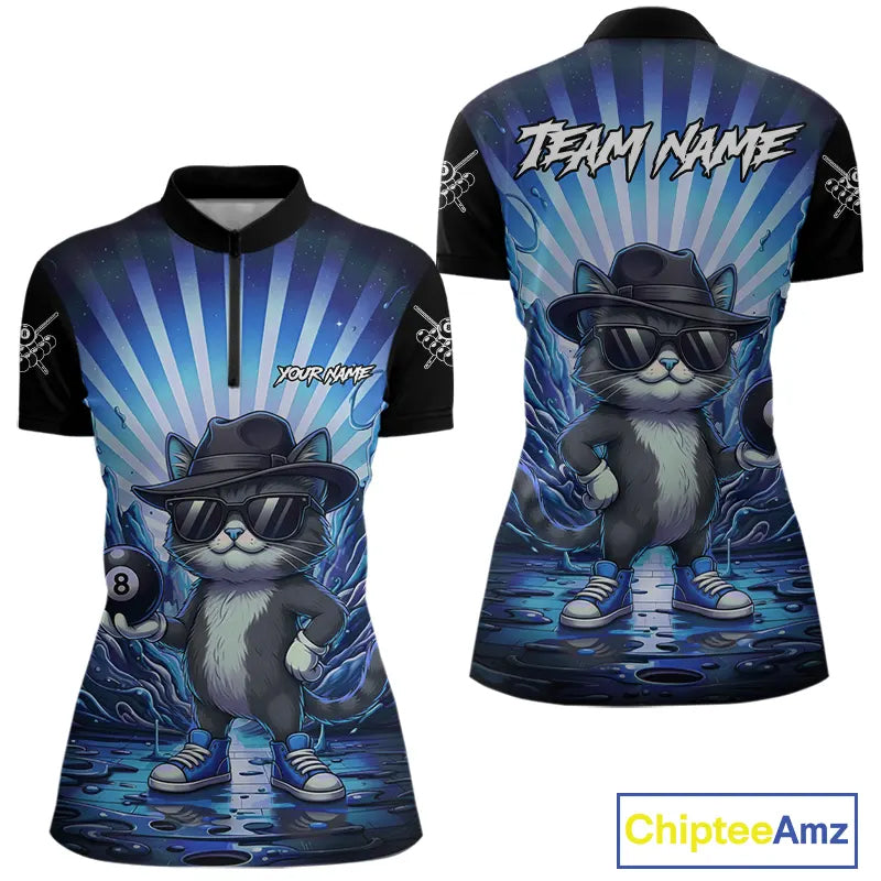 Funny Cat 8 Ball Billiard Shirt For Women Custom Blue Neon Graffiti Billiard Jersey Polo & 1/4 Zip TDM5742