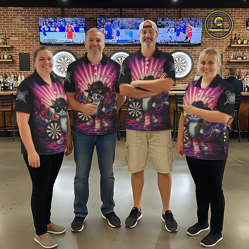 Pink Funny Cat Dartboard Neon Graffiti Darts Shirt For Men Custom Darts Jersey Team Polo & 1/4 Zip TDM5744