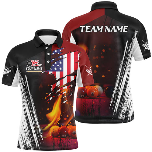 Patriotic US Flag Billiard Balls Fire Flame Custom Billiard Men Polo Shirts, Billiard Team Jerseys TDM1460