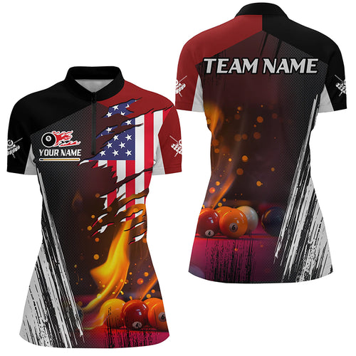 Patriotic US Flag Billiard Balls Fire Flame Custom Women Quarter-Zip Shirts, Billiard Jersey TDM1460