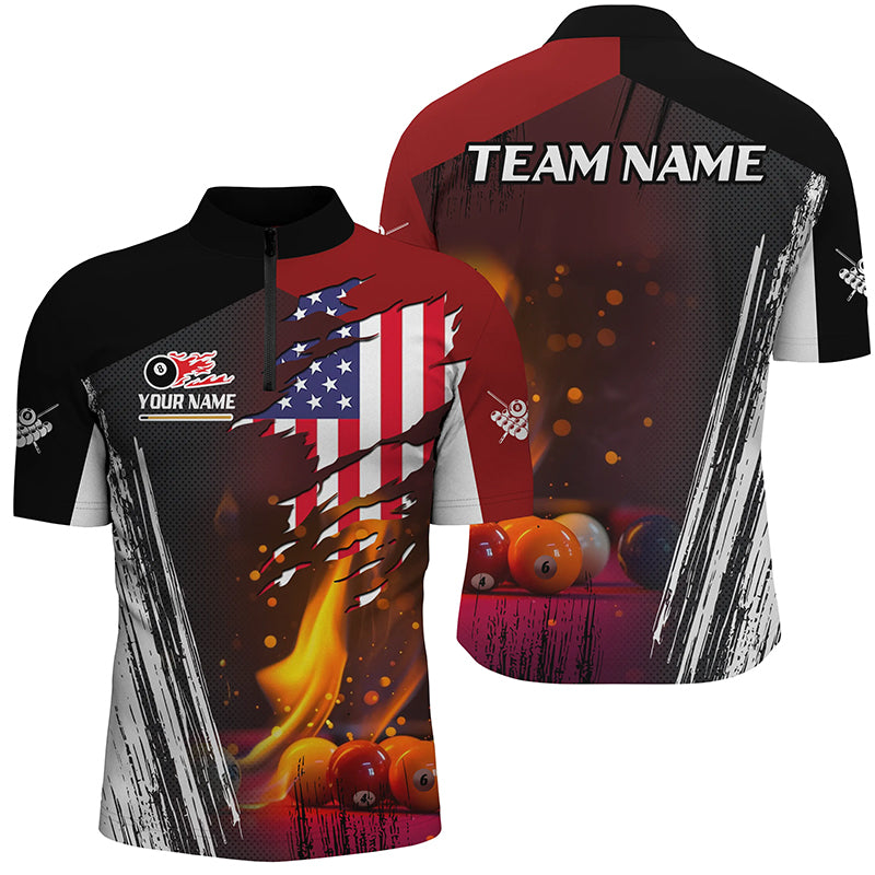 Patriotic US Flag Billiard Balls Fire Flame Custom Men Quarter-Zip Shirts, Billiard Jersey TDM1460
