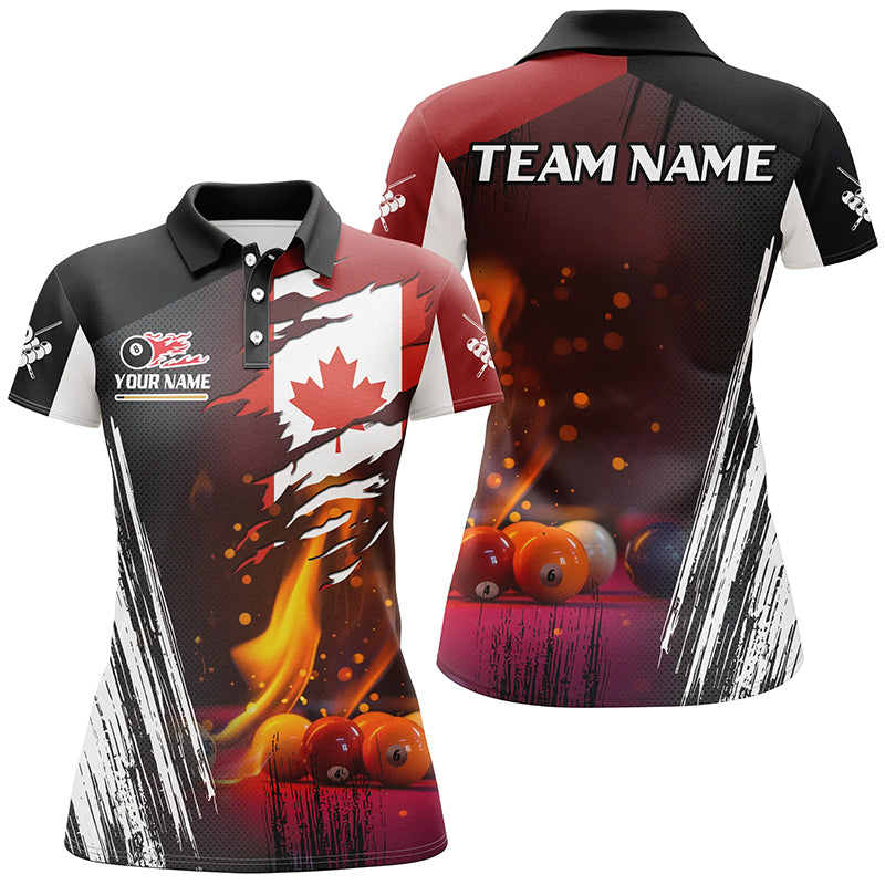 Patriotic Canada Flag Billiard Balls Fire Flame Custom Billiard Women Polo Shirts, Pool Team Jerseys TDM1461