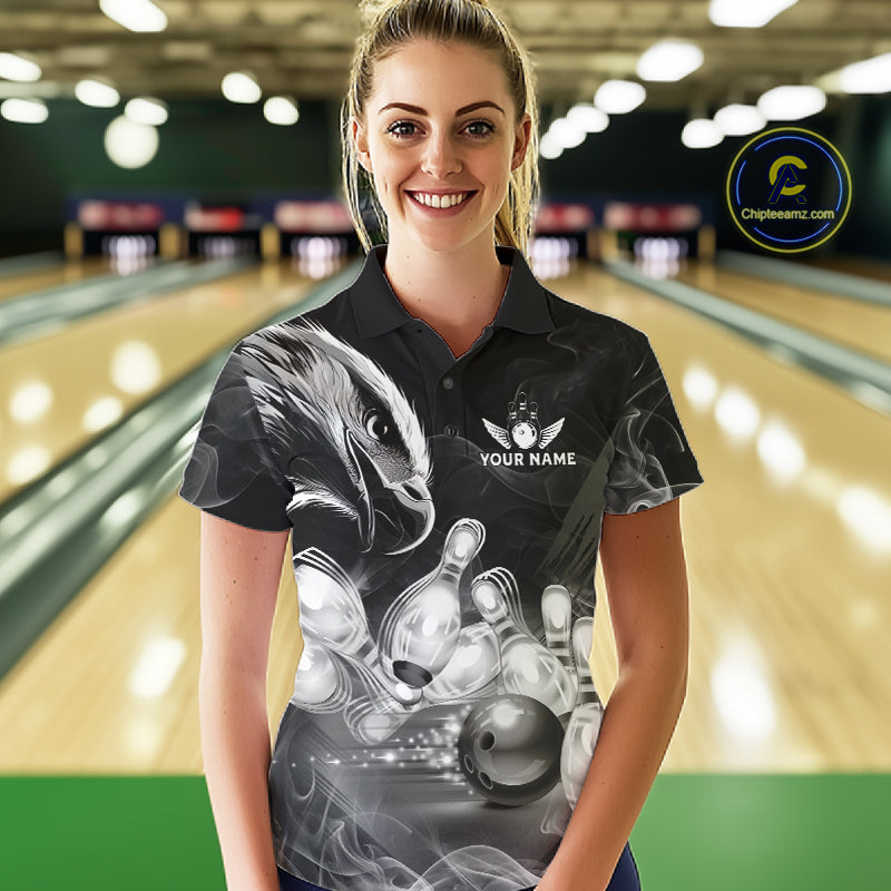 Black And White Custom Eagle Smoke Bowling Shirt For Women, Bowling Team Jersey Polo & 1/4 Zip TDM6356