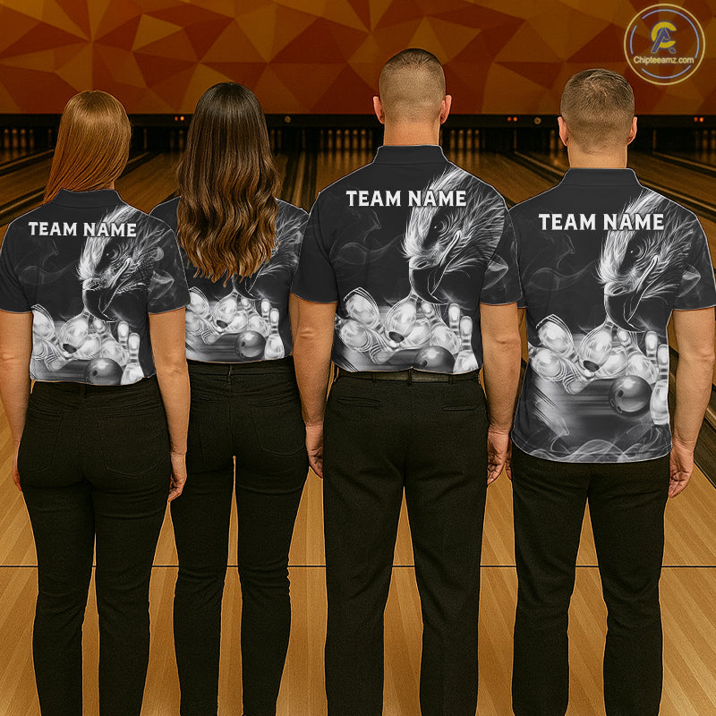 Black And White Custom Eagle Smoke Bowling Shirt For Women, Bowling Team Jersey Polo & 1/4 Zip TDM6356