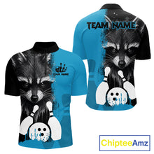 Load image into Gallery viewer, Black and blue raccoon bowling quarter zip shirt for men designed for league tournaments and team events.