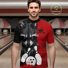 Load image into Gallery viewer, Man wearing a black and red raccoon bowling quarter zip jersey during league competition front view.