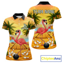 Load image into Gallery viewer, Funny flamingo sunset tropical bowling polo shirt for women with custom bowling team graphics.