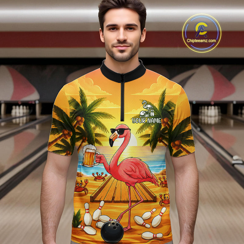 Man wearing a funny flamingo sunset tropical bowling quarter zip jersey during league competition front view.