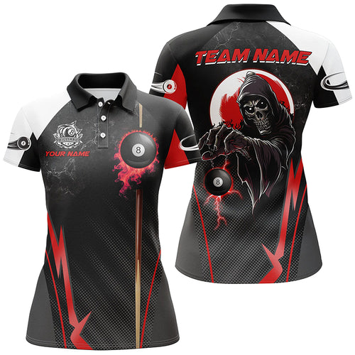 Funny Death Skeleton Ball 8 Fire  Custom Women Billiard Shirts, Best 8 Ball Pool Jerseys |Red TDM2034