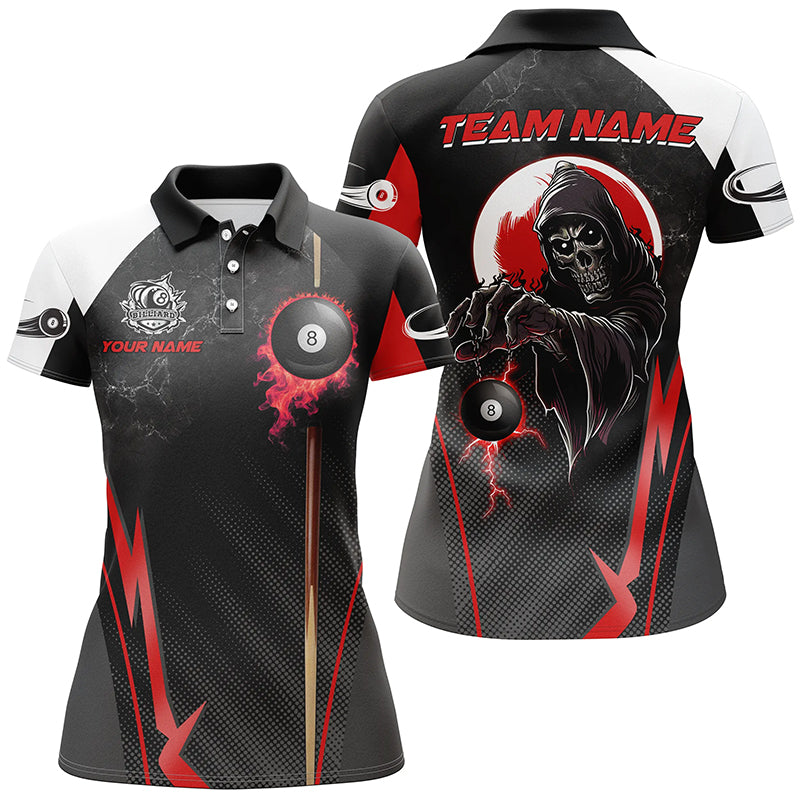 Funny Death Skeleton Ball 8 Fire  Custom Women Billiard Shirts, Best 8 Ball Pool Jerseys |Red TDM2034